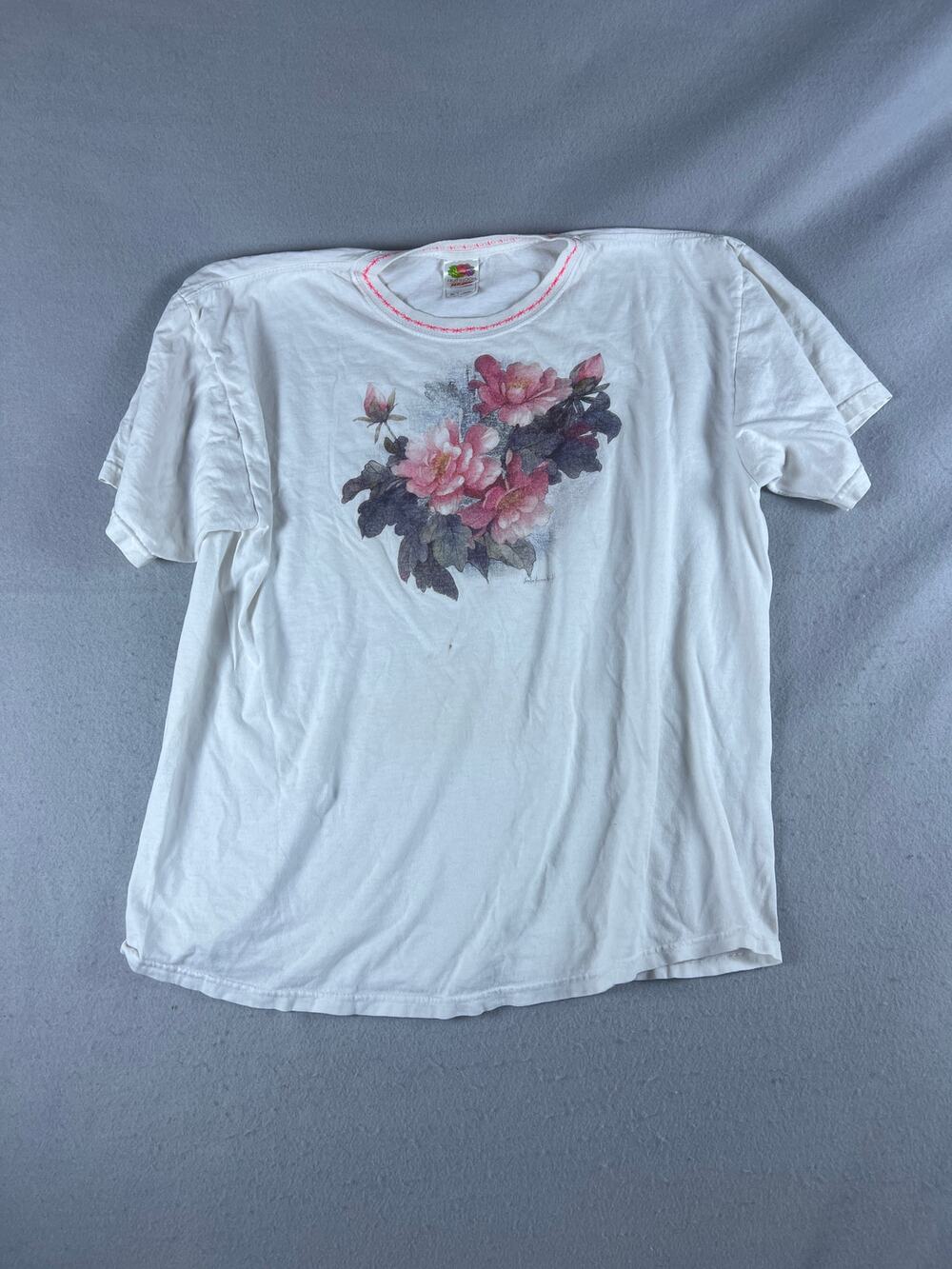 Vintage Fruit of the Loom T-Shirt Womens XL White Peony Rose Floral Graphics Tee